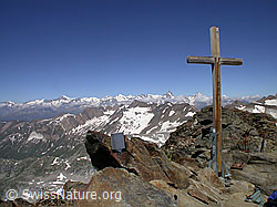F012695: Ofenhorn: Gipfelbuch, Gipfelkreuz und Berner Alpen