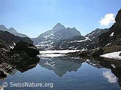 F024169: Teils mit Eis bedeckter Bergsee mit Spiegelung eines Berges
