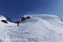 F055677: Schneeschuhläuferin im Föhnsturm